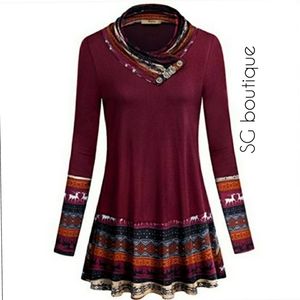 🆕⭐Plus Cozy red wine cowl neck deer tunic top